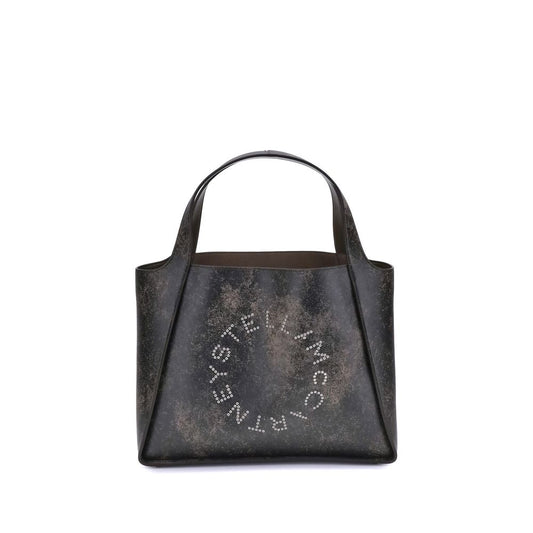 Stella McCartney Brown Calf Leather Bos Taurus Shoulder Bag with logo eyelets and aged-effect finish, two top handles, front view.