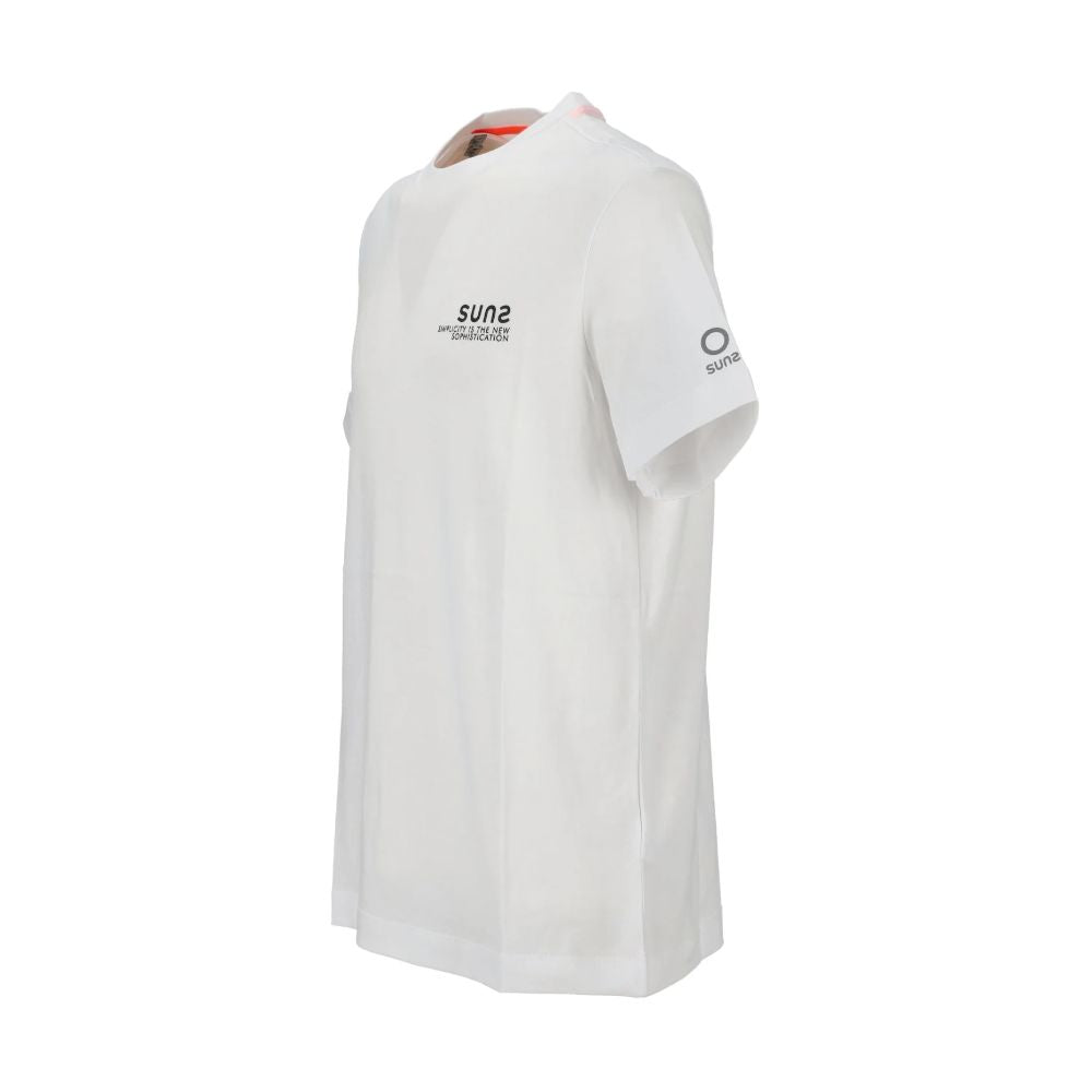 Suns White Cotton T-Shirt with stretch crew neck, elasticated sleeves, and logo on left sleeve in plain white design.