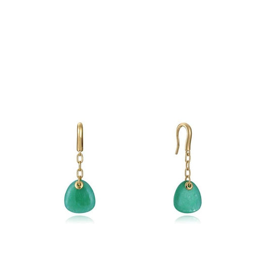 Gold earrings with green stone detailing on white background.