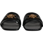 Versace Versace Black Leather Logo Plaque Slip On Slides Flats Shoes LA12123-36 1728,67345645728,Black,EU36/US6,EU37/US7,Flat Shoes - Women - Shoes,Material: 100% Leather,New with tags,Shoes,Versace,Women,Women - Shoes