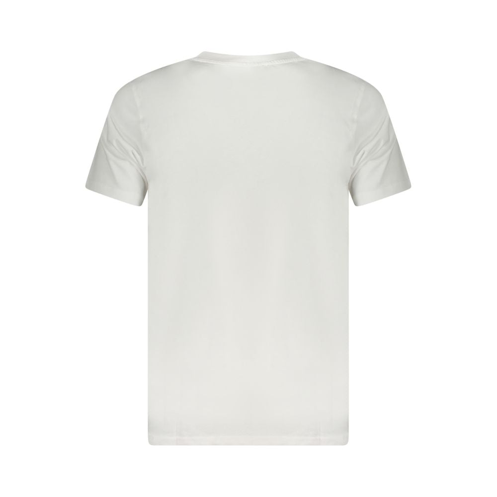 Back view of Cavalli Class white cotton men’s T-shirt, iconic print, crew neck style, elegant Italian design.