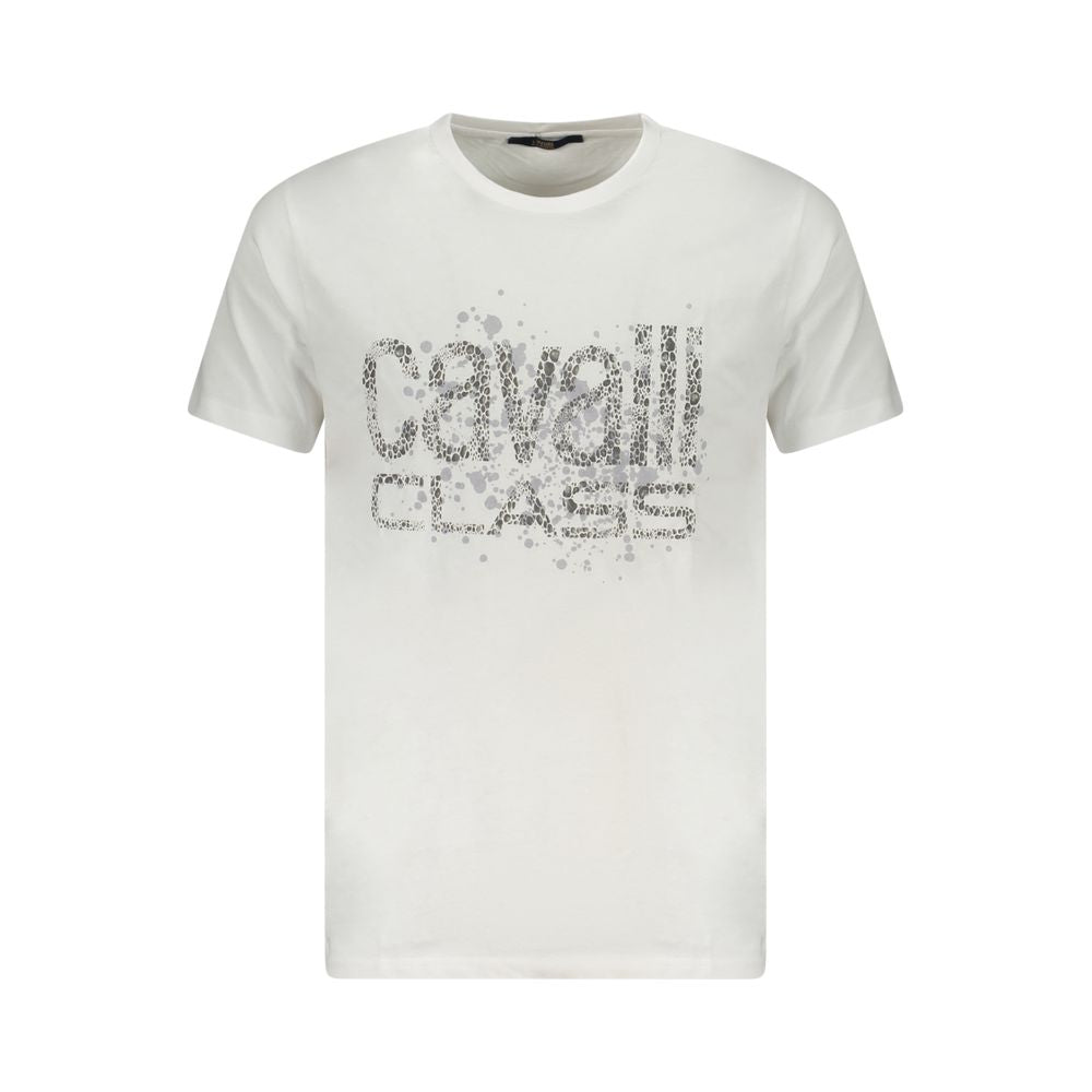 Cavalli Class White Cotton Men T-Shirt featuring striking print and iconic logo, exuding Italian elegance and style.