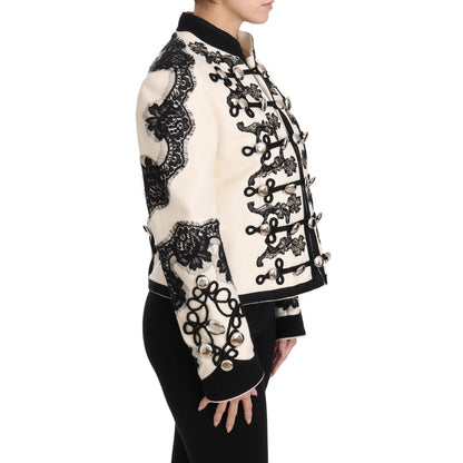Dolce & Gabbana White Wool Black Floral Baroque Jacket