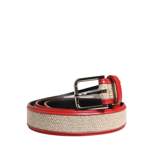 Dolce & Gabbana Men Beige Red Woven Leather Metal Buckle Belt