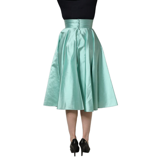 Dolce & Gabbana Green Satin High-Waisted Pleated A-line Midi Skirt