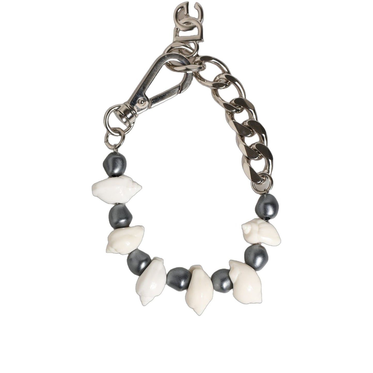 Dolce & Gabbana Silver Tone Brass Beaded Shell DG Logo Pendant Bracelet