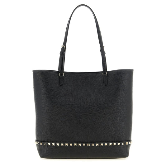 Valentino Garavani Black Calf Leather Rockstud Medium Tote Bag