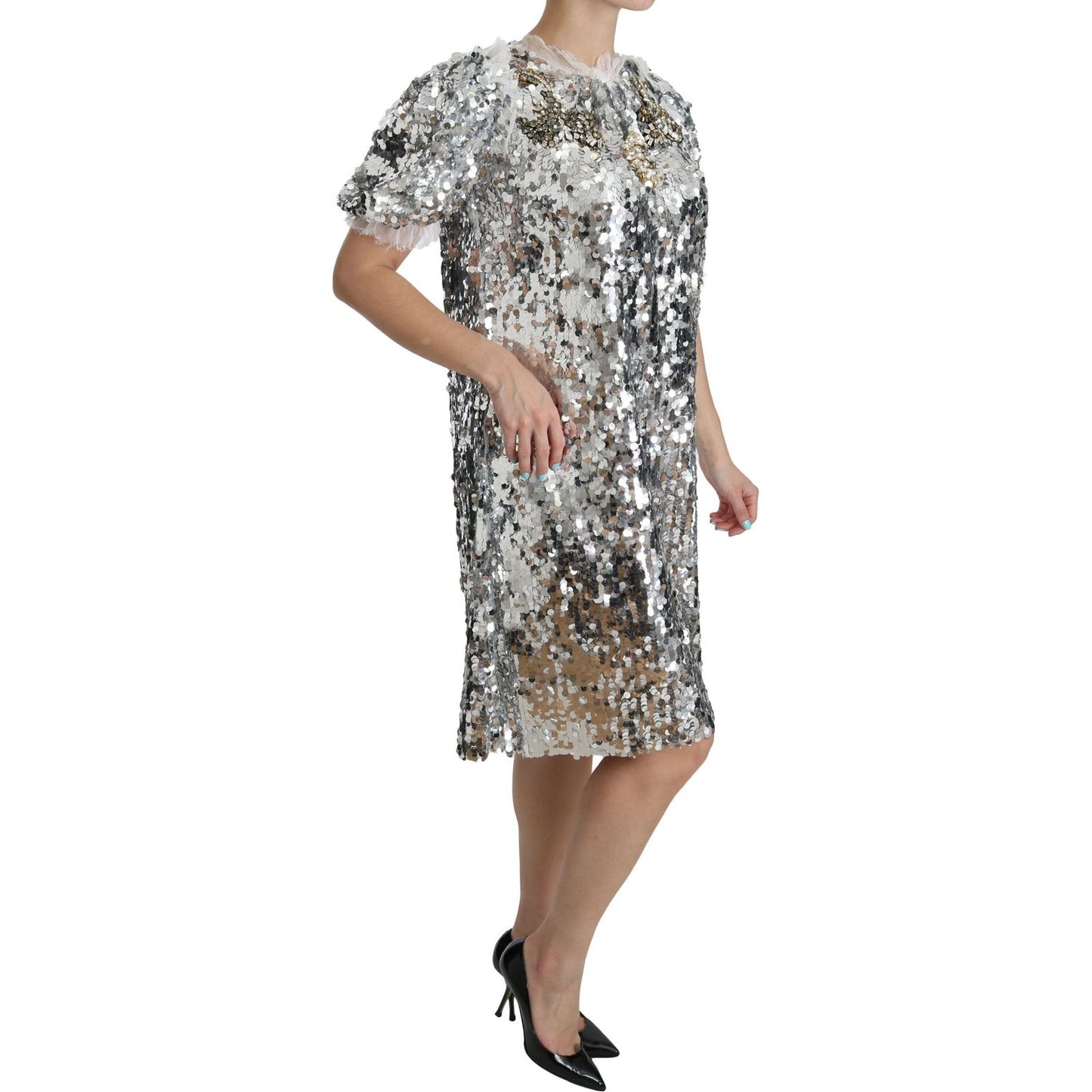 Dolce & Gabbana Silver Sequined Crystal Shift Gown Dress
