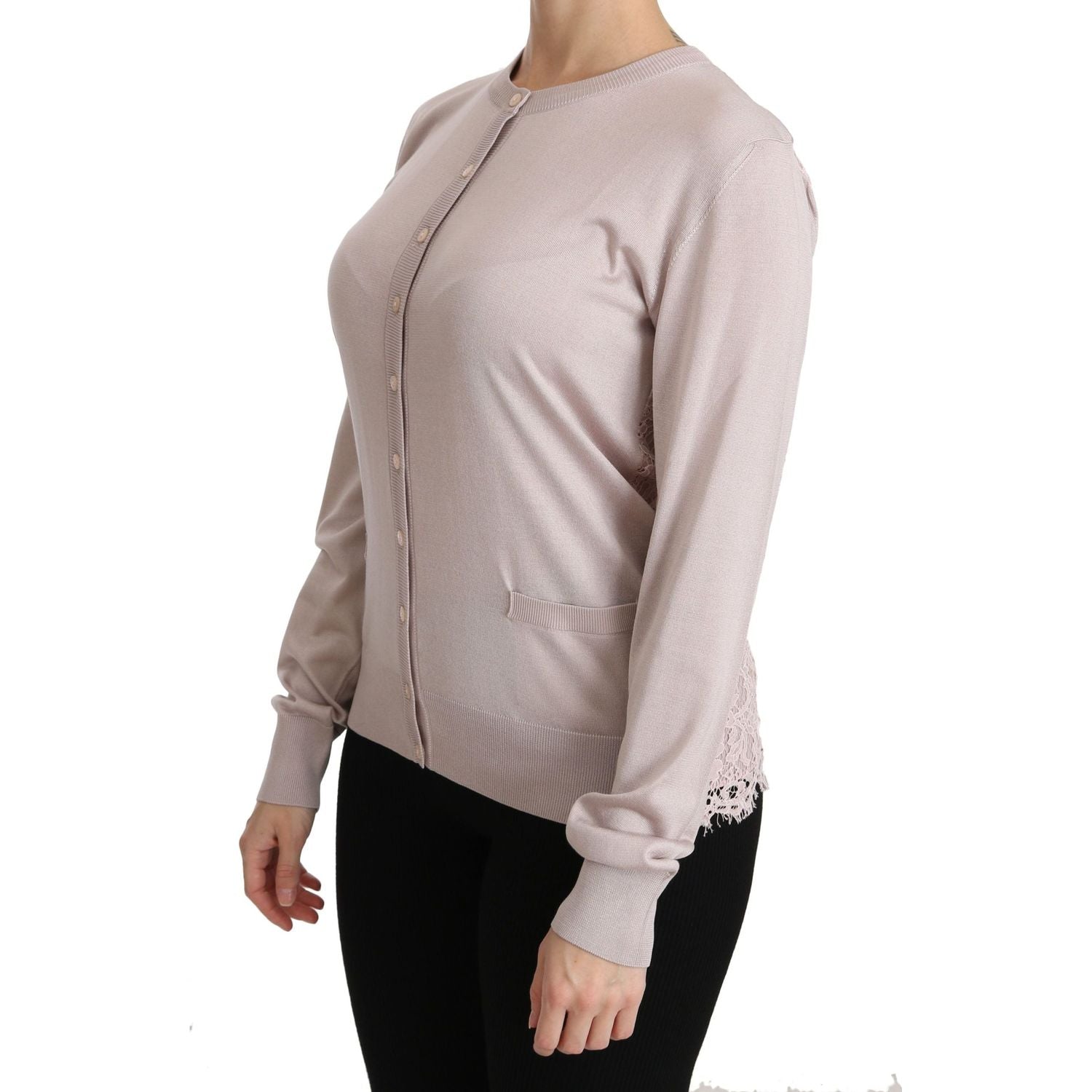 丝绸混纺粉色圆领开衫