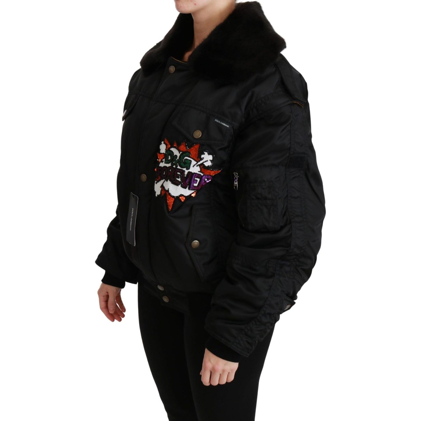 Dolce & Gabbana Black Queen Crown Sequined Bomber Jacket