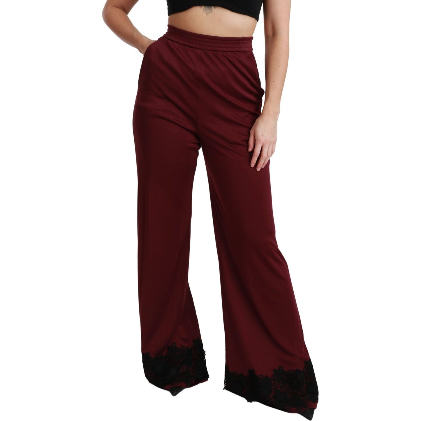 Dolce & Gabbana Black Lace High Waist Wide Leg Maroon Pants