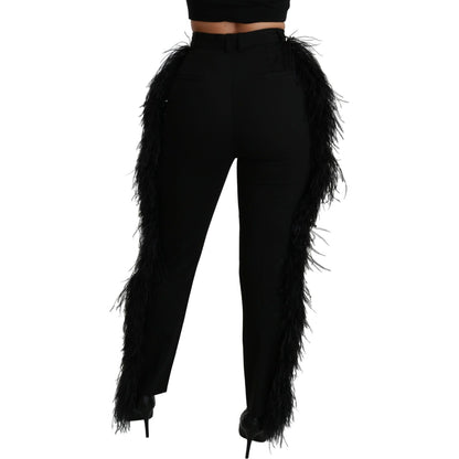 Dolce & Gabbana Black Feather Straight High Waist Wool Pants Pants