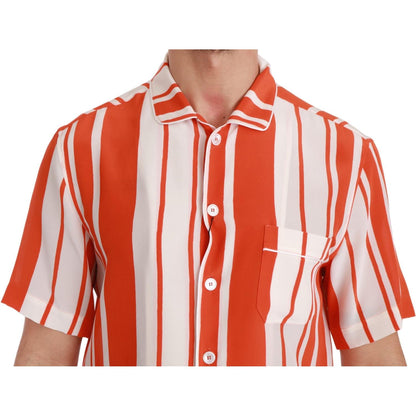 Dolce & Gabbana Orange Silk Striped Short Sleeve White Shirt