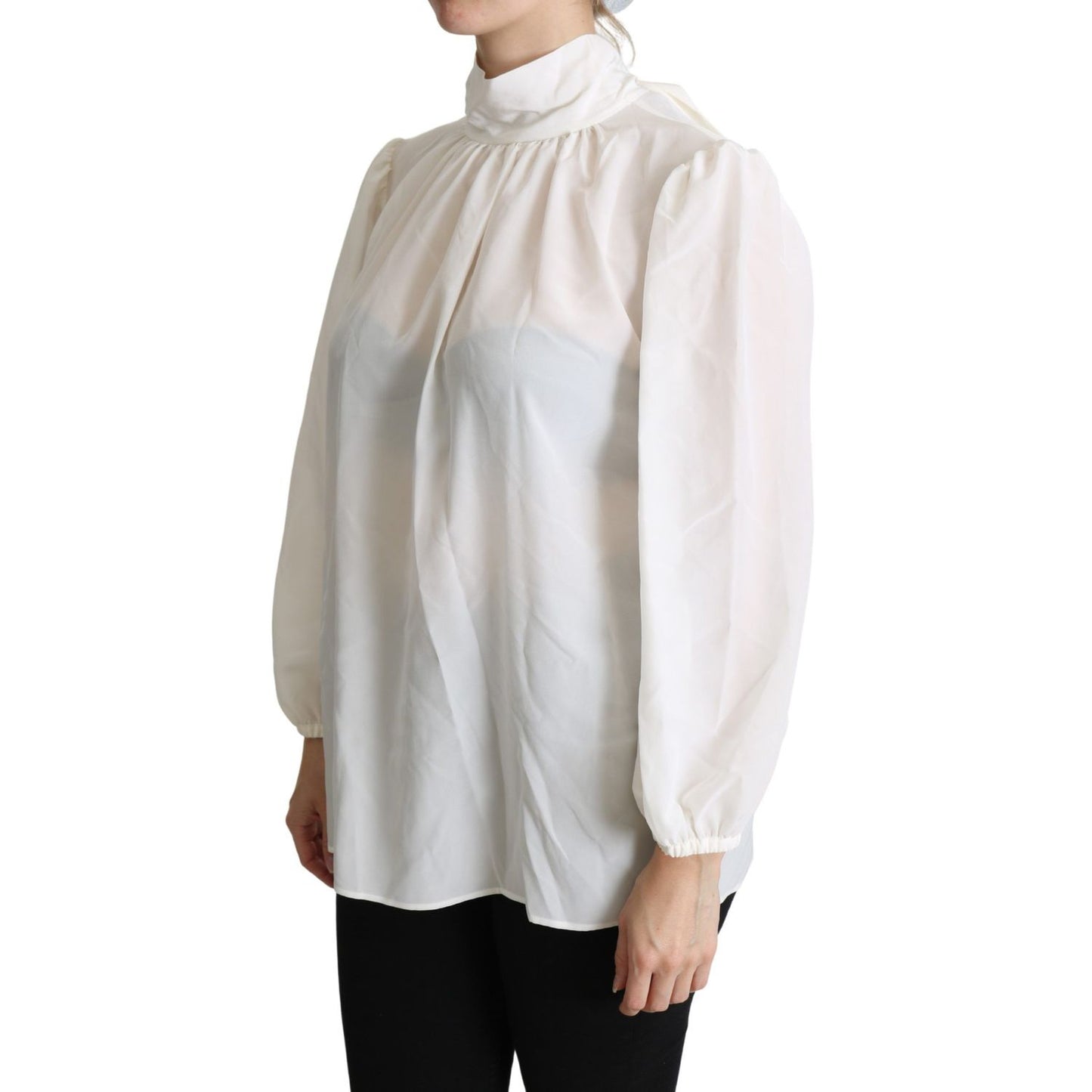 Dolce & Gabbana White Silk Pussy Bow Long Sleeved Top Blouse