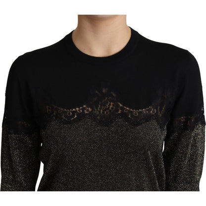 Dolce & Gabbana Black Shiny Lurex Lace Insert Pullover Top
