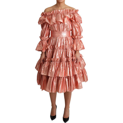 Dolce & Gabbana Pink Ruffled Dress Silk Cotton Gown Dress