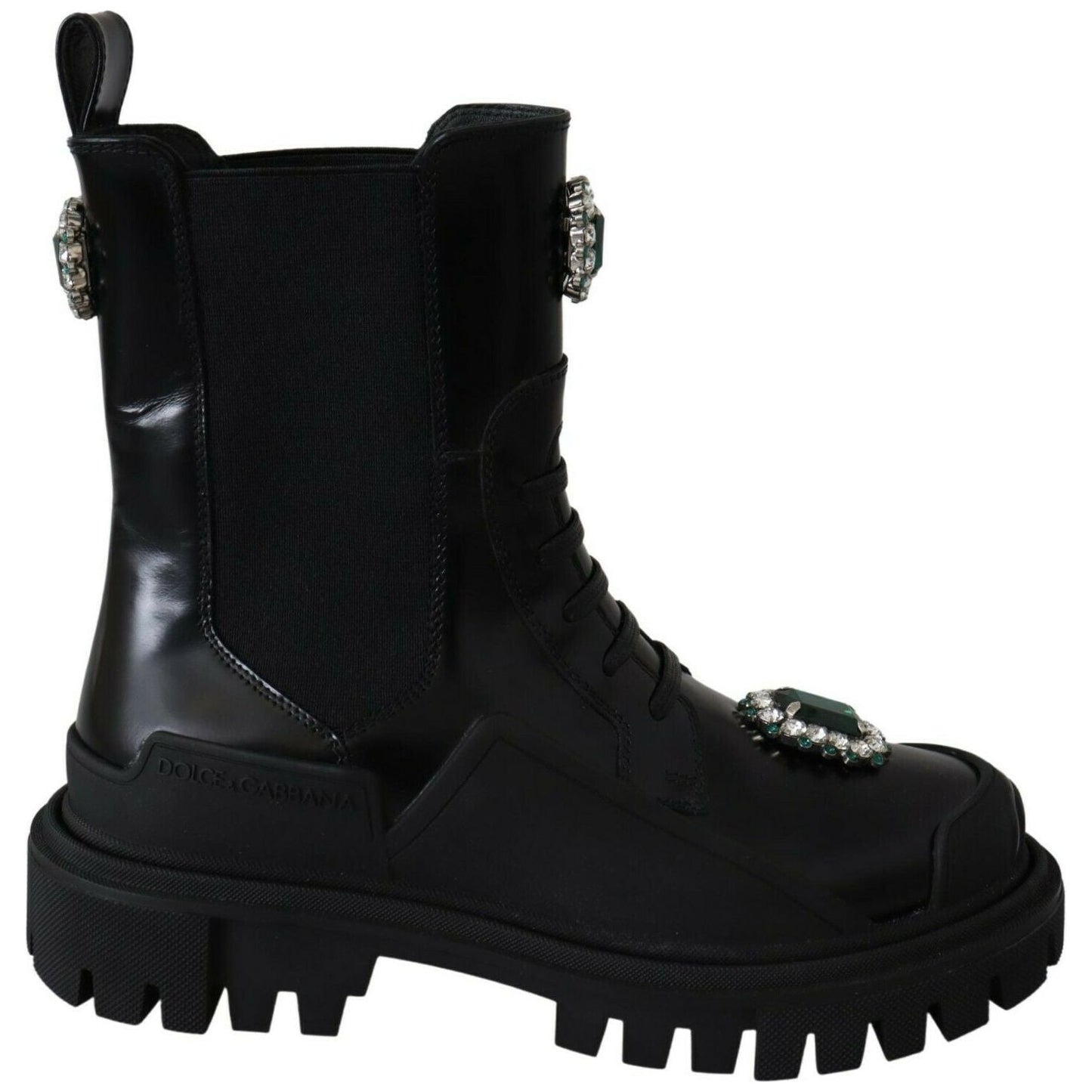 Dolce & Gabbana Black Leather Crystal Combat Boots