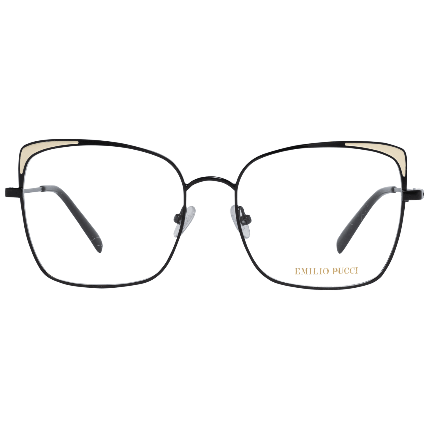 Emilio Pucci Black Women Glasses Frame with metal full-rim design, black color, lens width 55mm, frame width 135mm, includes branded case.