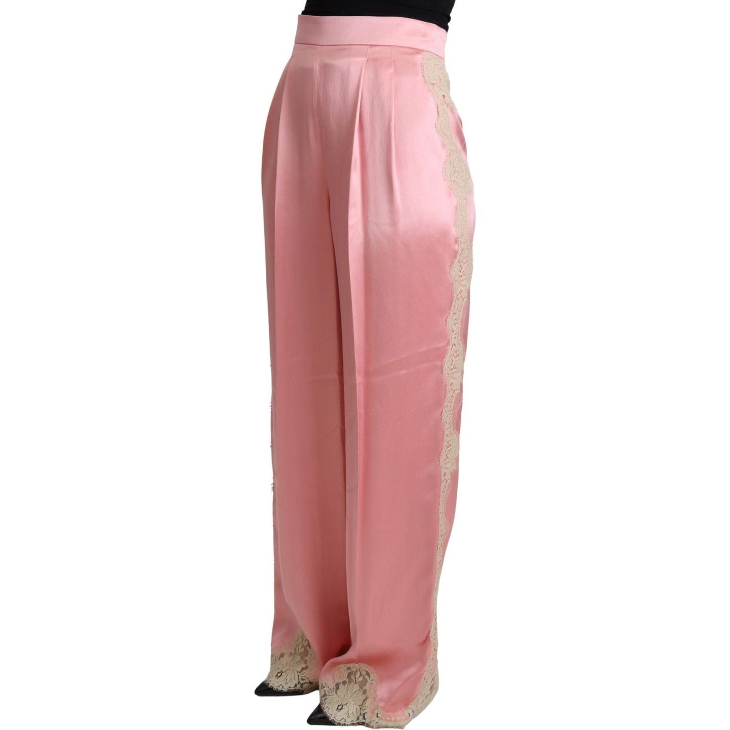 Dolce & Gabbana Pink Lace Trimmed Silk Satin Wide Legs Pants