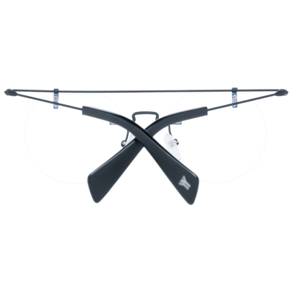 Yohji Yamamoto Black Metal Glasses (Frames) with round demo lenses, bottom-rim style, and blue-filter. Includes branded soft case. No spring hinge.