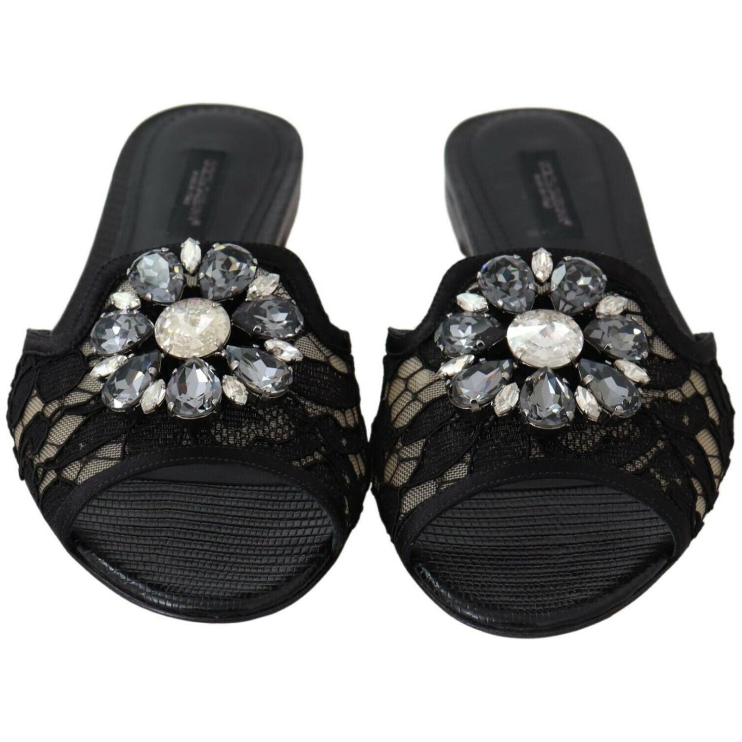 Dolce & Gabbana Black Taormina Lace Slides Crystals Flats Shoes