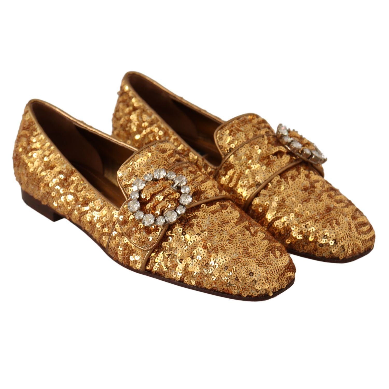 Dolce & Gabbana Gold Sequin Crystal Flat Women Loafers Shoes