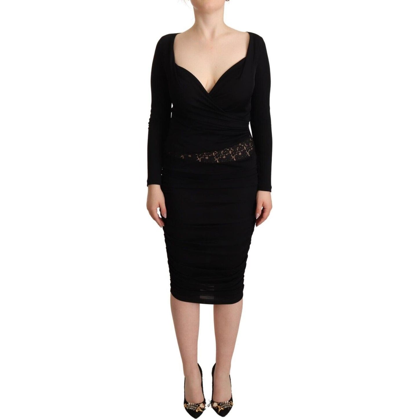 GF Ferre Black Long Sleeves Sweetheart Neck Midi Dress