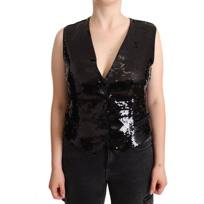 Dolce & Gabbana Black Sequin V-Neck Sleeveless Vest Tank Top