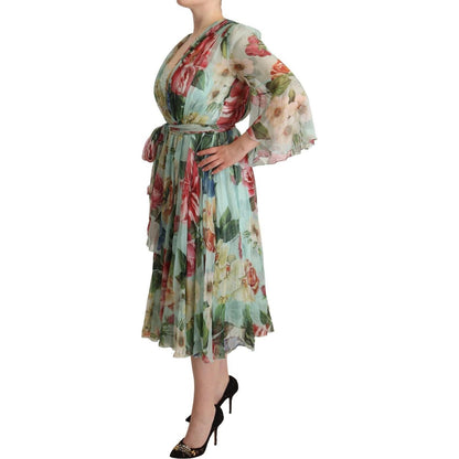 Dolce & Gabbana Green Floral Long Sleeves V-neck Midi Dress WOMAN DRESSES