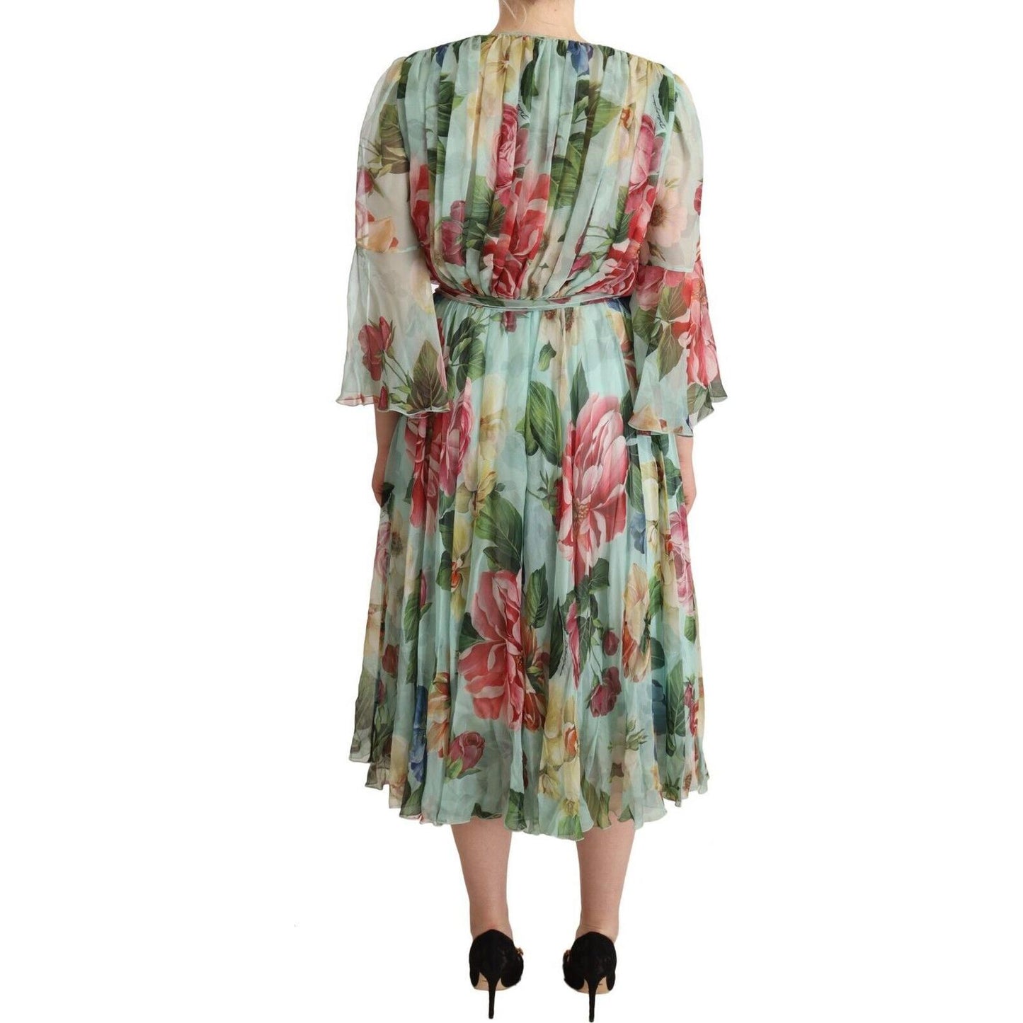 Dolce & Gabbana Green Floral Long Sleeves V-neck Midi Dress WOMAN DRESSES