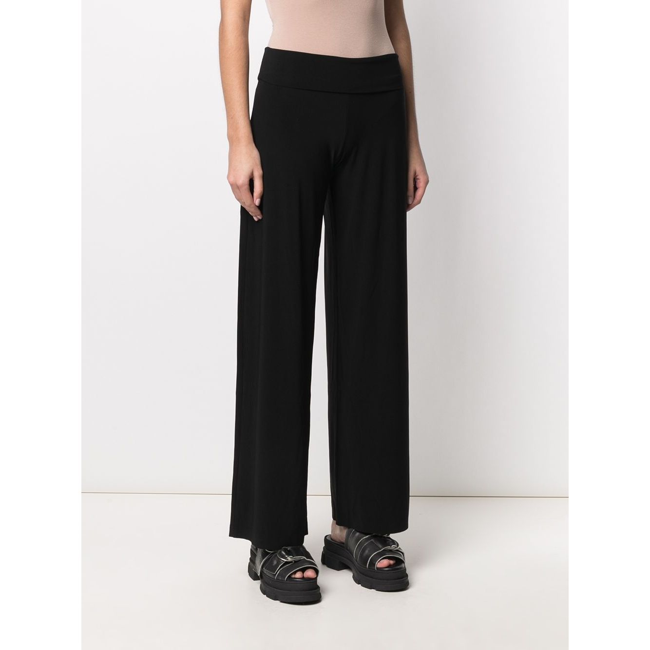 Norma Kamali Trousers Black, mid-rise wide leg ankle-length stretch Jersey design.
