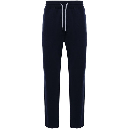 Brunello Cucinelli Trousers Blue with elastic waistband, navy cotton blend, tapered leg, drawstring, and four pockets.