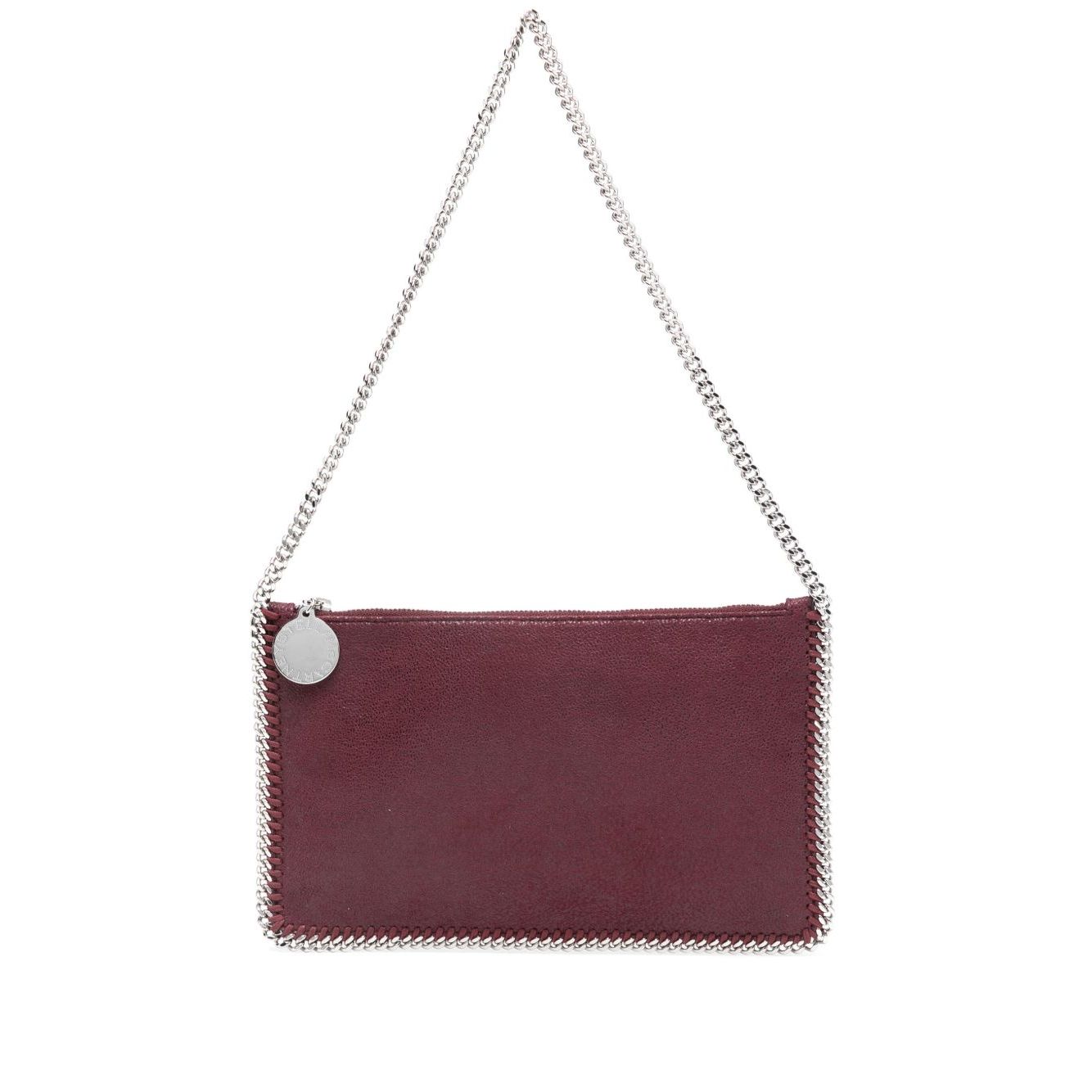 Stella McCartney Falabella clutch in amaranth purple with chain-link strap and logo pendant, 24x15x2 cm.