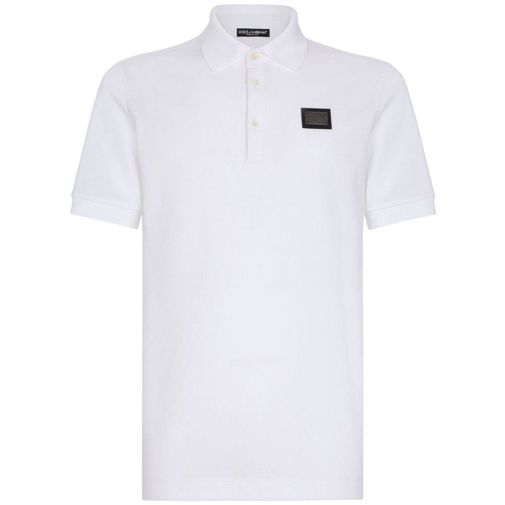 White Dolce & Gabbana Logo cotton polo shirt with piqué weave, short sleeves, and a logo plaque on the chest