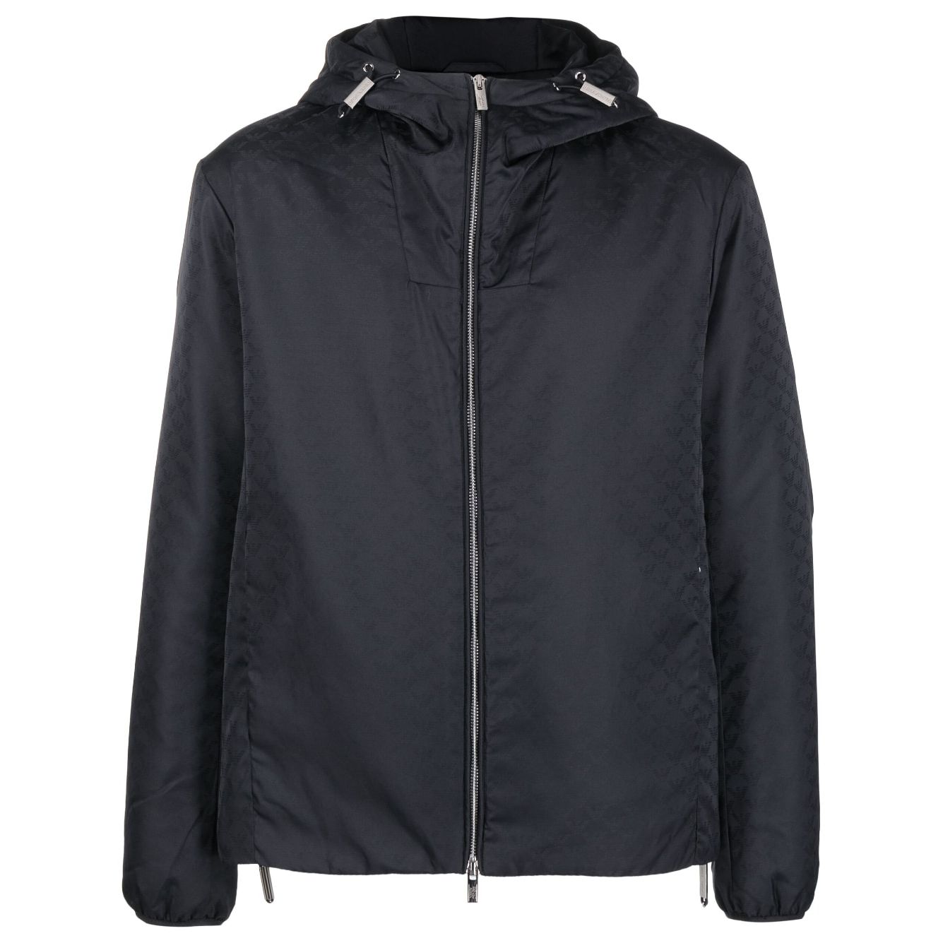 Emporio Armani Coats Blue - navy blue nylon jacket with monogram, silver-tone hardware, drawstring hood, and two-way zip fastening.