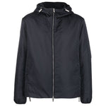 Emporio Armani Coats Blue - navy blue nylon jacket with monogram, silver-tone hardware, drawstring hood, and two-way zip fastening.