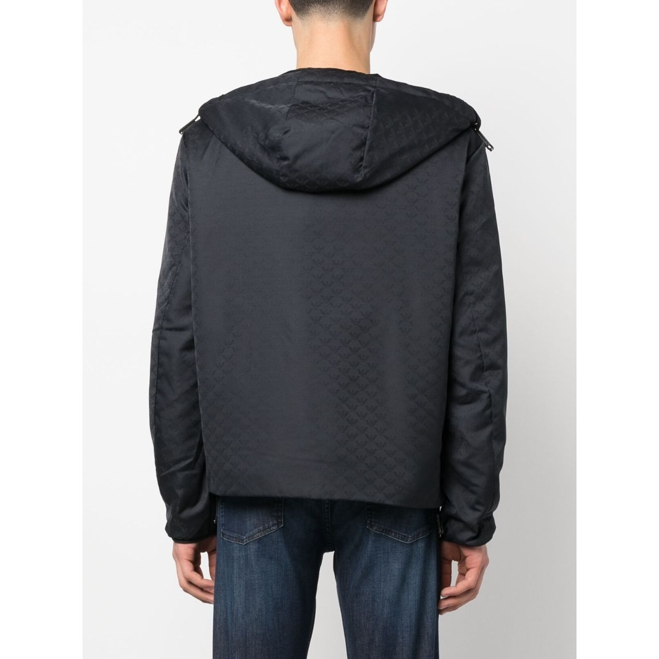 Back view of navy blue Emporio Armani Coats Blue with hood and monogram jacquard design