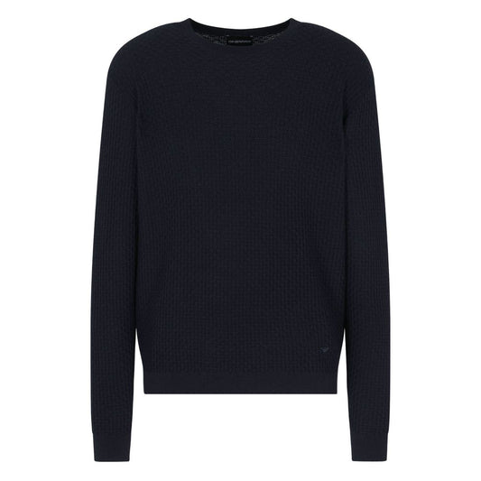 Emporio Armani Sweaters Blue - Dark blue waffle knit crew neck wool jumper with long sleeves and straight hem.