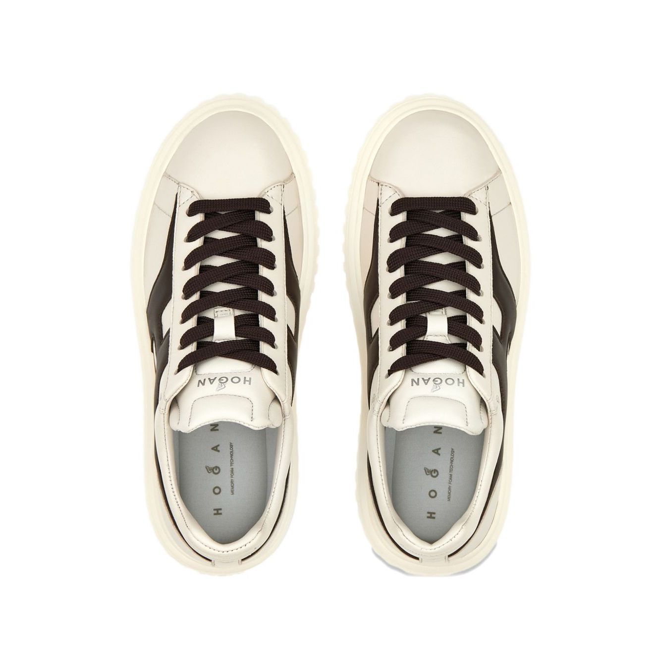 Hogan Pre Sneakers Hogan H-Stripes with beige leather design and black lace-up, featuring logo-print tongue and branded insole.