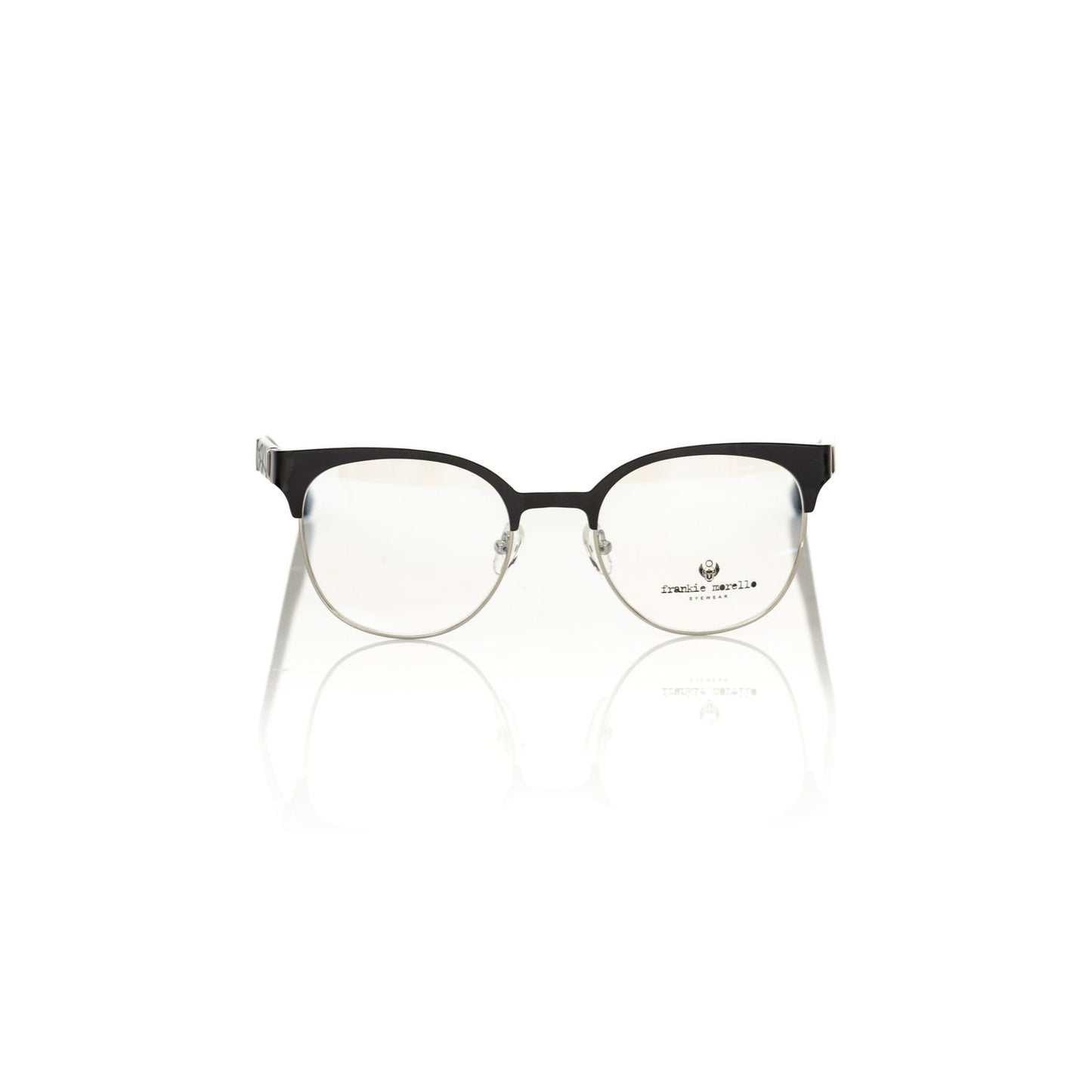 Frankie Morello Black Acetate Women Frame, Italian-made, Clubmaster model with geometric pattern, perfect blend of elegance and chic fashion.