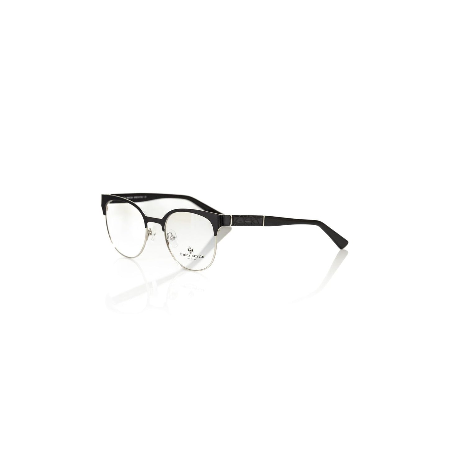Frankie Morello Black Acetate Women Frame, Clubmaster model with geometric pattern, elegant and chic eyewear for fashion-forward women.