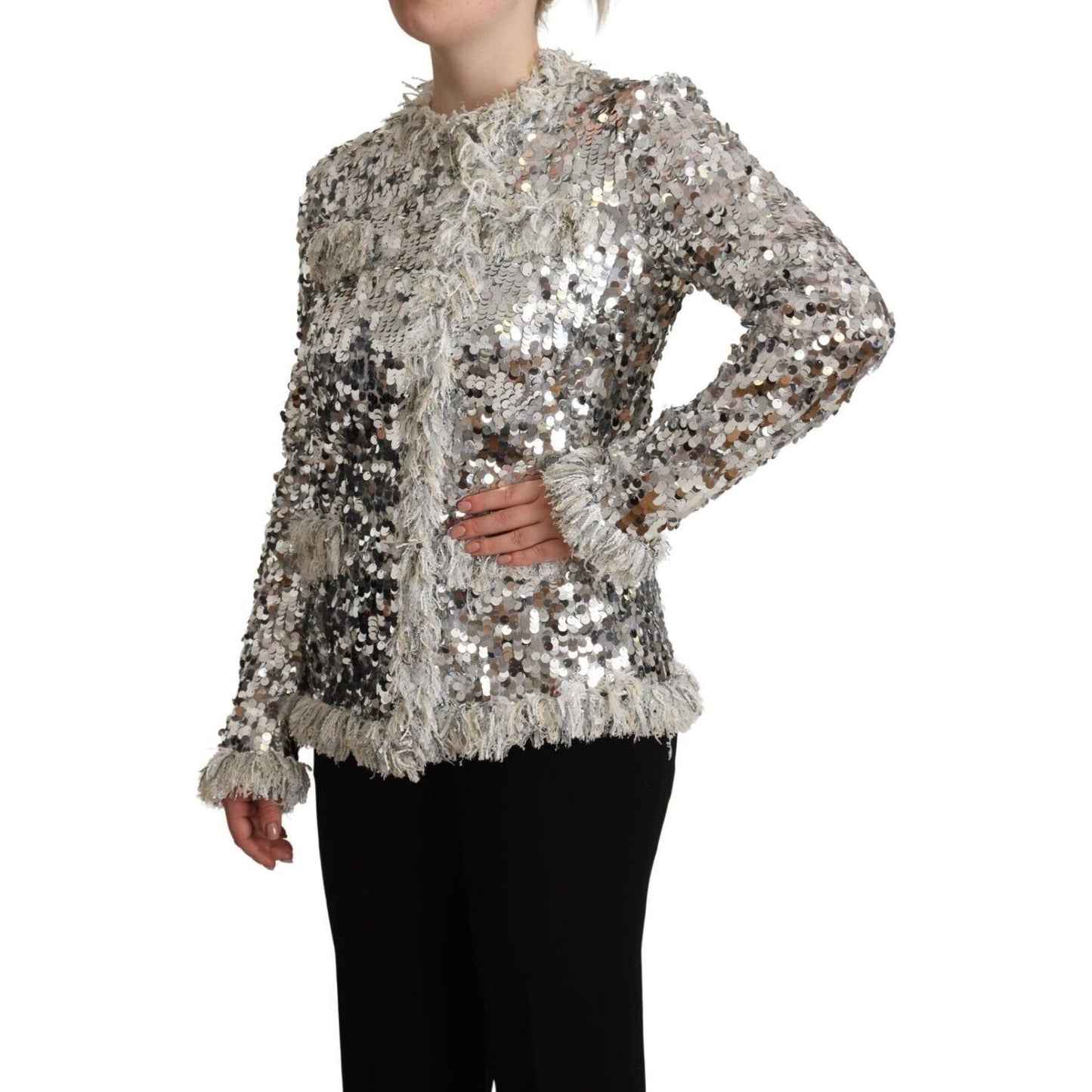 Dolce & Gabbana Silver Sequined Shearling Long Sleeves Jacket