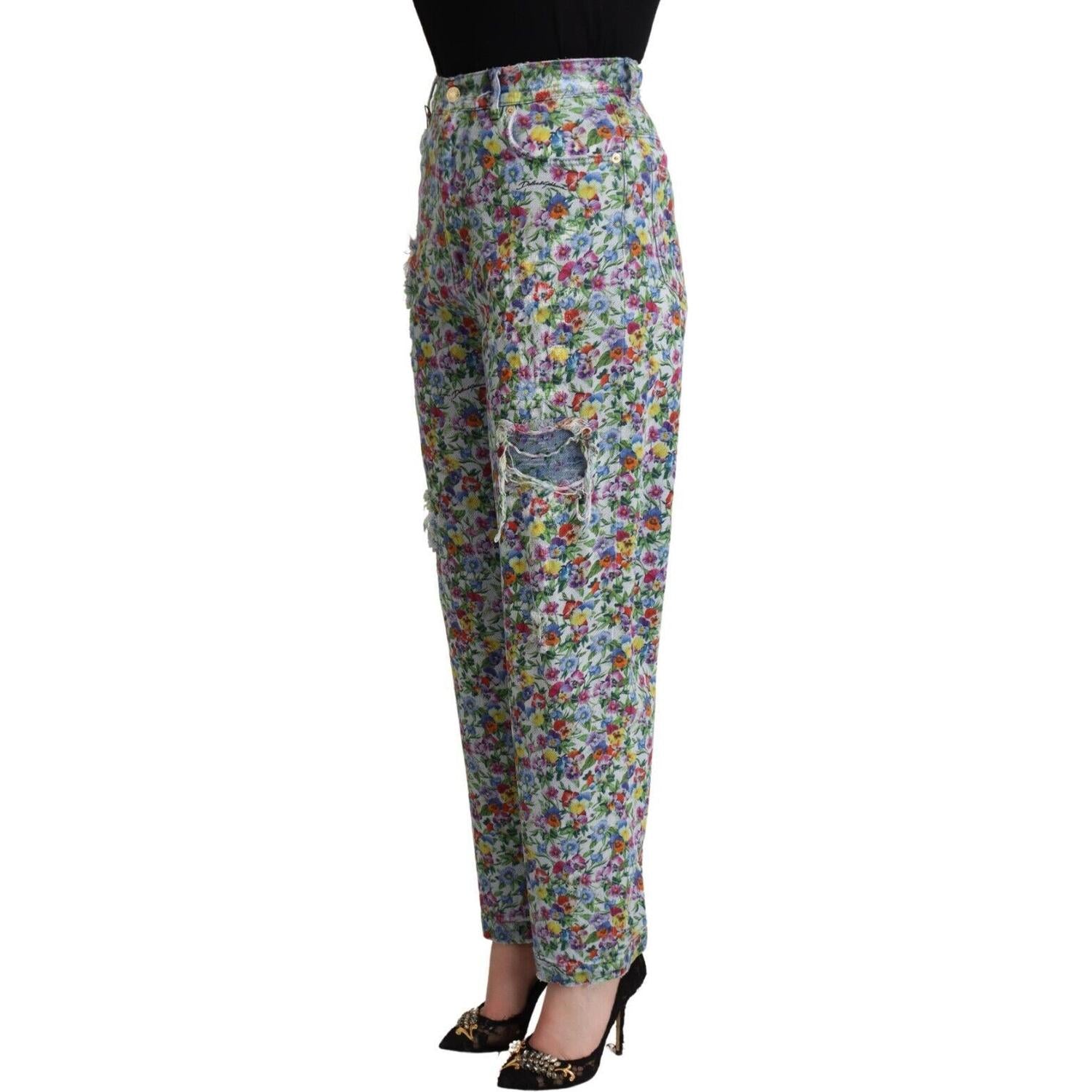 花卉高腰锥形牛仔裤