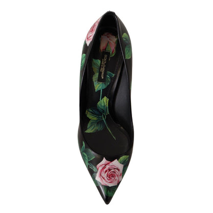 Dolce & Gabbana Black Leather Roses High Heels Pumps Shoes