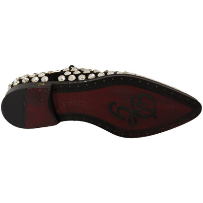 Dolce & Gabbana Black Leather Crystals Lace Up Formal Shoes