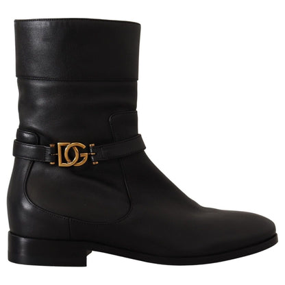 Dolce & Gabbana Black Leather Flats Logo Short Boots Shoes