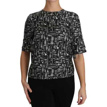 Dolce & Gabbana Black Musical Instruments Print Silk Blouse