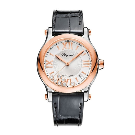 Luxury watch CHOPARD MOD. HAPPY SPORT AUTOMATIC W/Diamonds with black leather strap and rose gold accents.