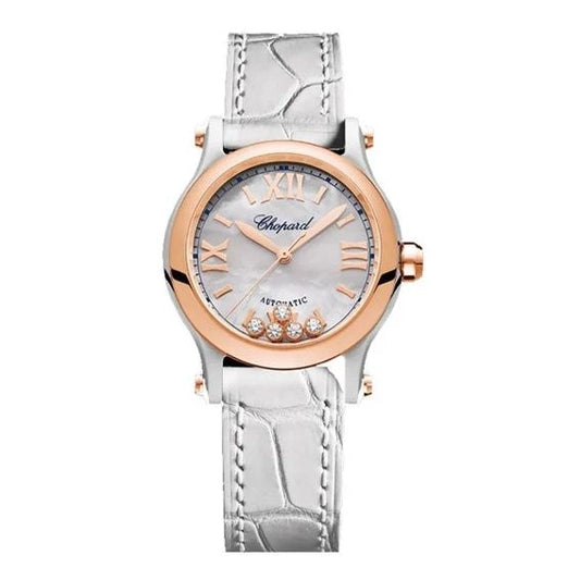 CHOPARD MOD. HAPPY SPORT AUTOMATIC W/Diamonds rose gold and alligator leather wristwatch for ladies, 30mm case, water resistant.