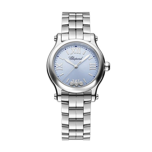 Alt Tag: CHOPARD MOD. HAPPY SPORT AUTOMATIC W/Diamonds wristwatch with stainless steel case and bracelet, sapphire dial, made in Switzerland.